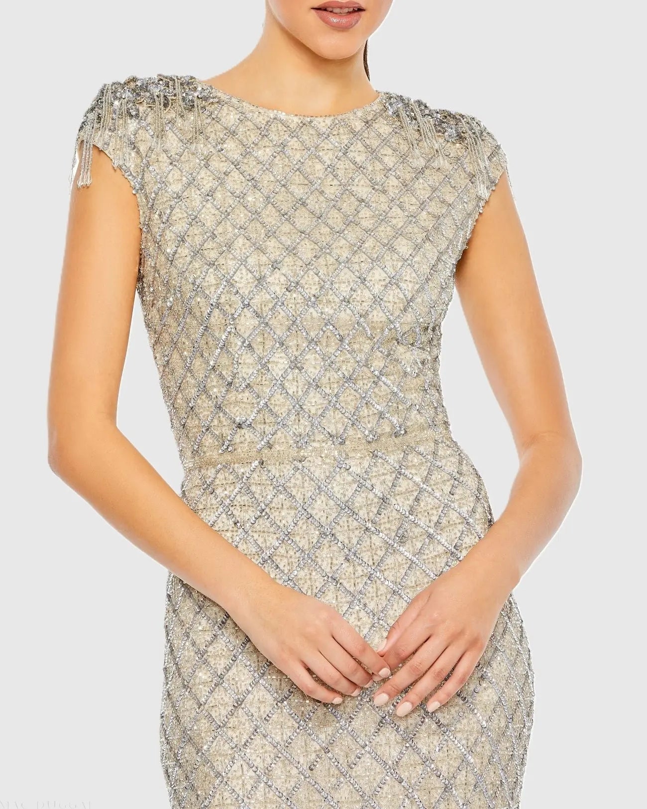 Silver and Beige Embellished Crystal Cap Sleeve Column Gown