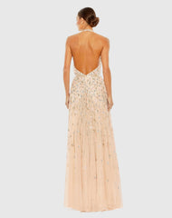 Pink Floral Embellished Halter Strap A Line Gown