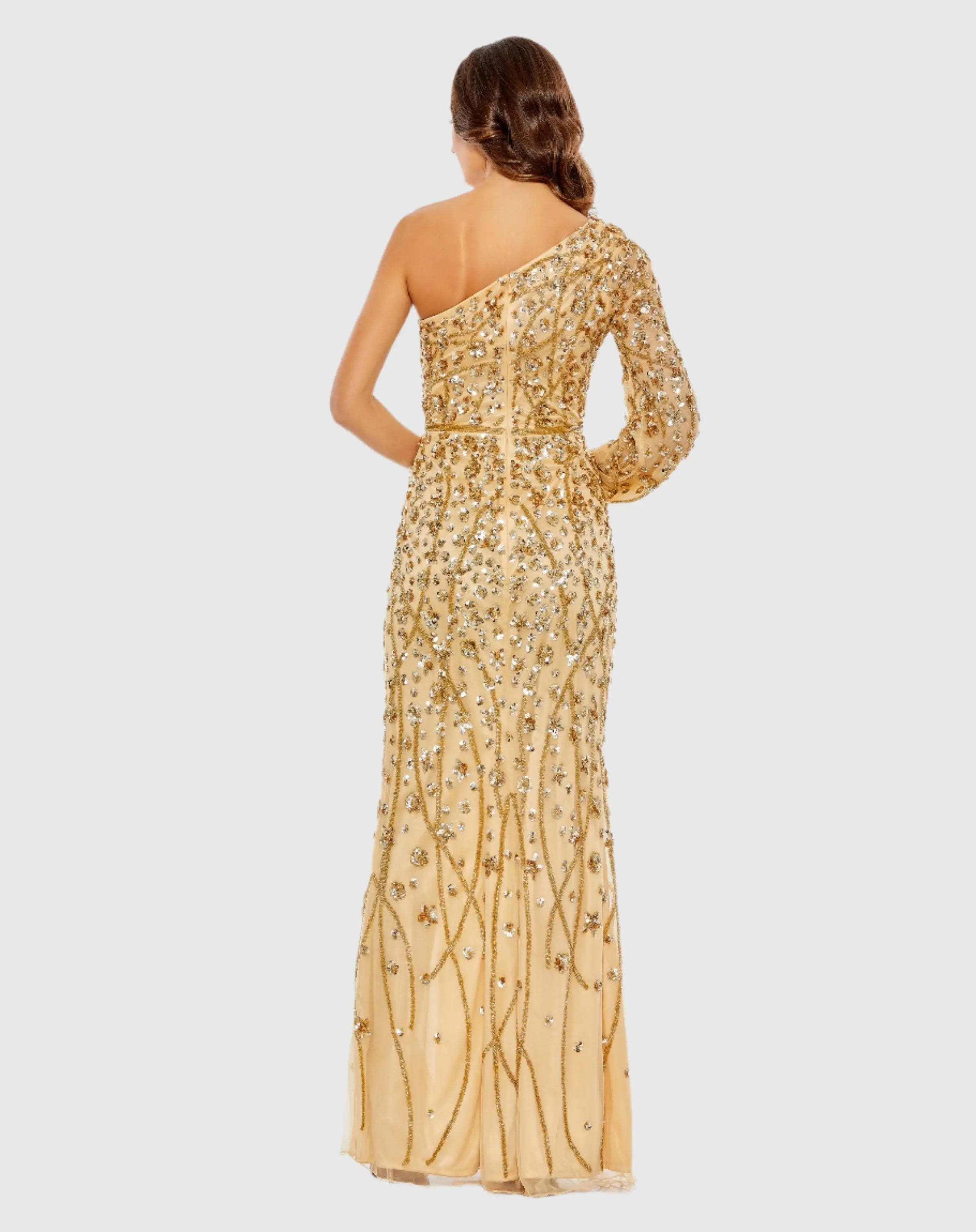 Gold Embellished One Sleeve Faux Wrap Gown