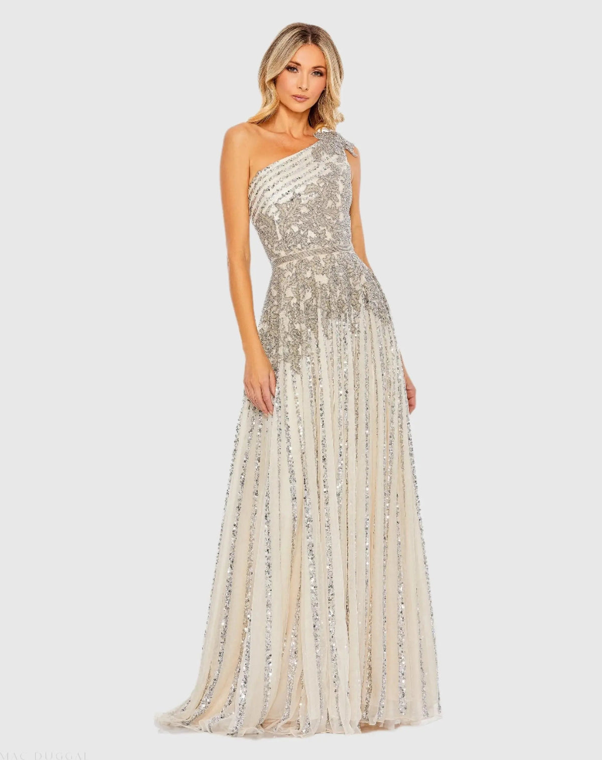 Silver Beaded Embellished One Shoulder A Line Gown