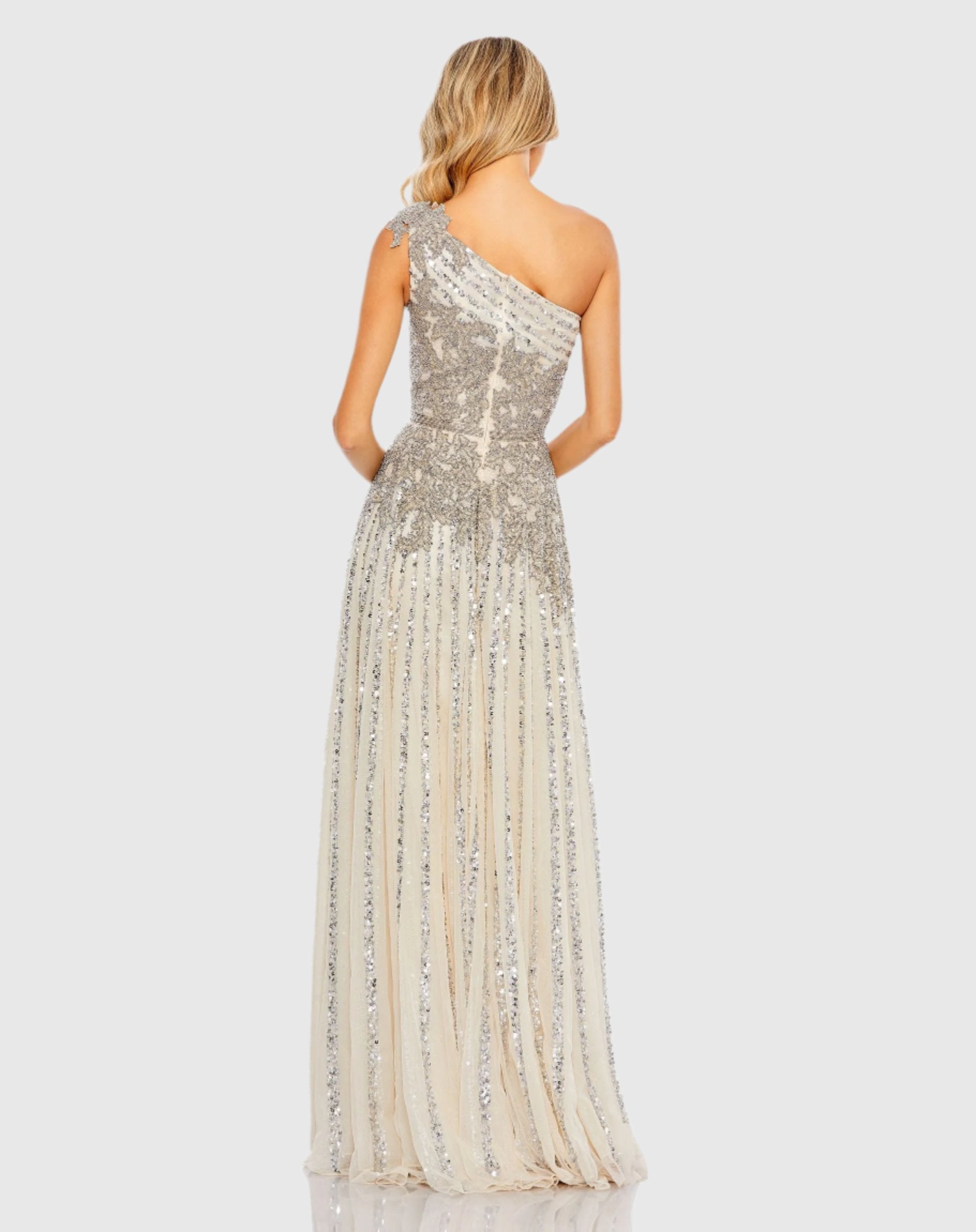 Silver Beaded Embellished One Shoulder A Line Gown