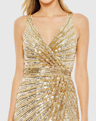 Gold Sequined Faux Wrap Sleeveless Gown