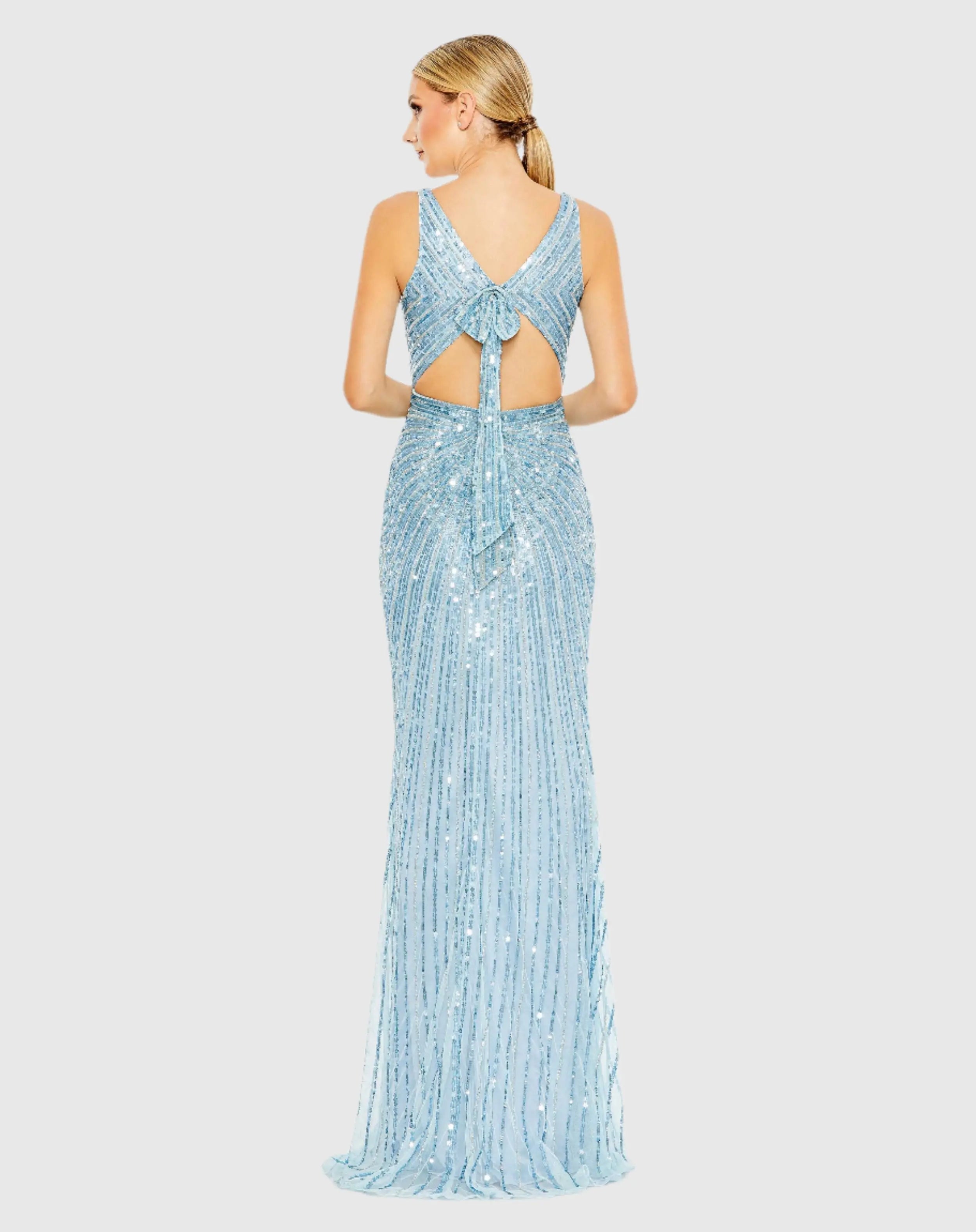 Blue Sequined Faux Wrap Sleeveless Gown