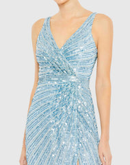 Blue Sequined Faux Wrap Sleeveless Gown