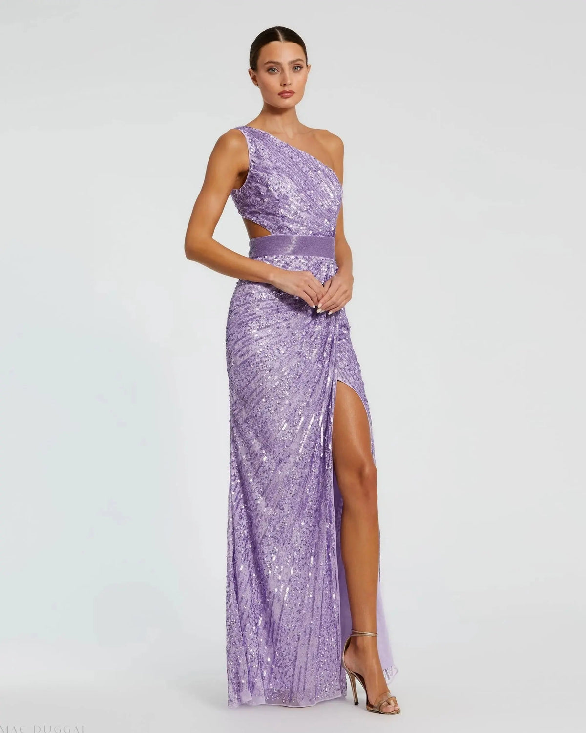 Purple Sequined One Shoulder Draped Lace Up Gown
