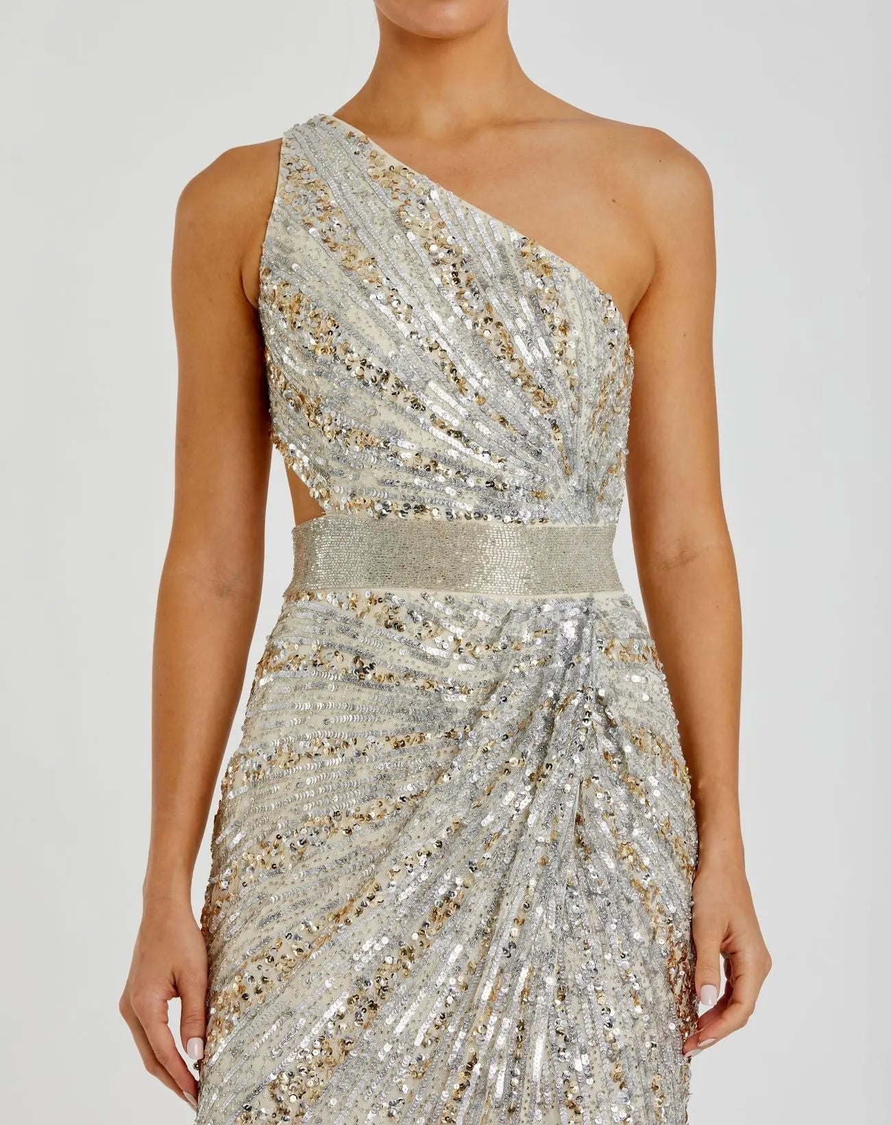 Silver Sequined One Shoulder Draped Lace Up Gown