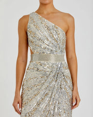 Silver Sequined One Shoulder Draped Lace Up Gown