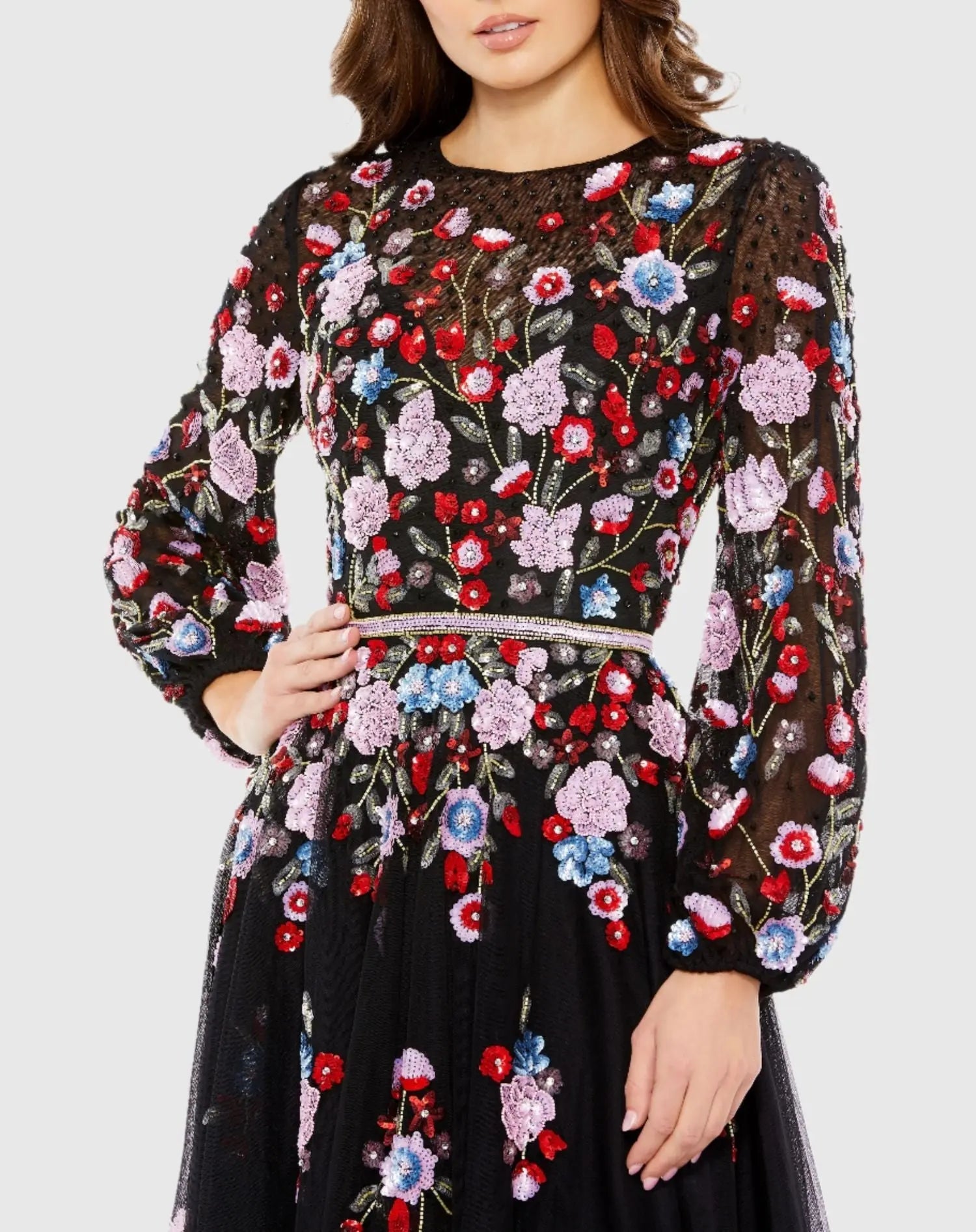 Black Sequined Floral High Neck Puff Sleeve Cocktail Dress