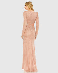 Pink Sequined Wrap Over Long Sleeve Gown