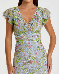 Blue Floral Sequin Embellished Flutter Cap Sleeve Dress