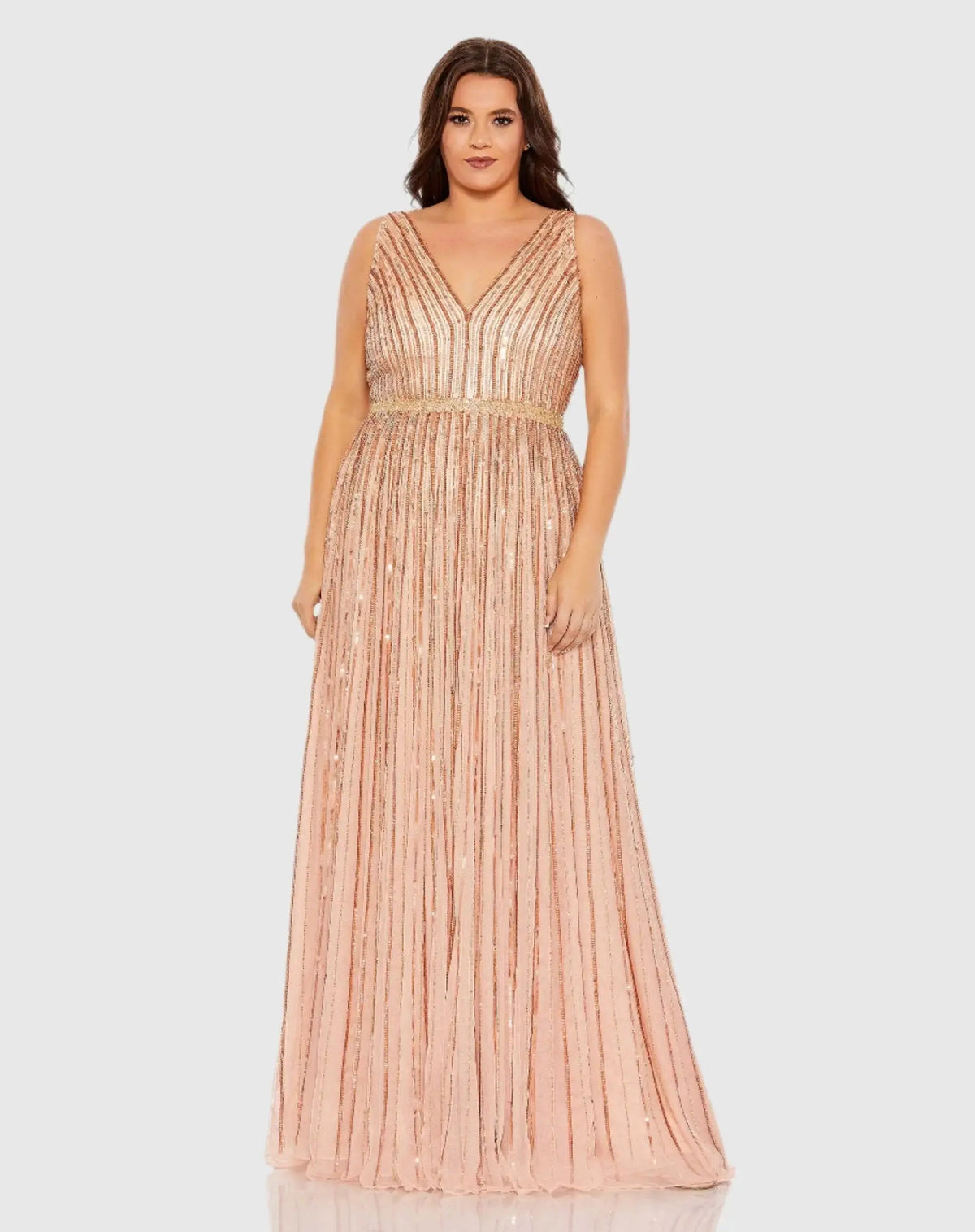 Sequined Striped Sleeveless V Neck A Line Gown (Plus)