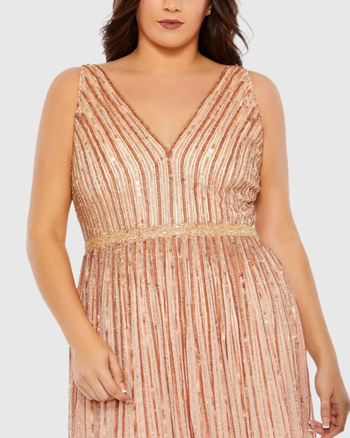 Pink Sequined Striped Sleeveless V Neck A Line Gown (Plus)