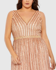 Pink Sequined Striped Sleeveless V Neck A Line Gown (Plus)