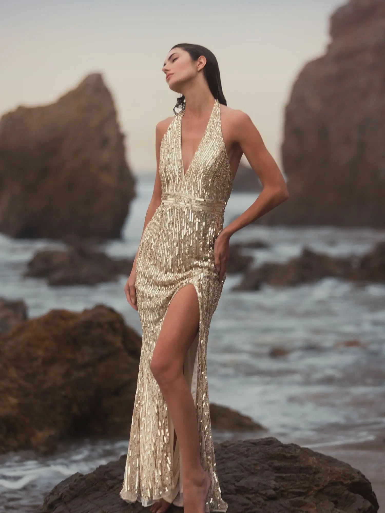 Gold Sequined Halter Strap Trumpet Gown