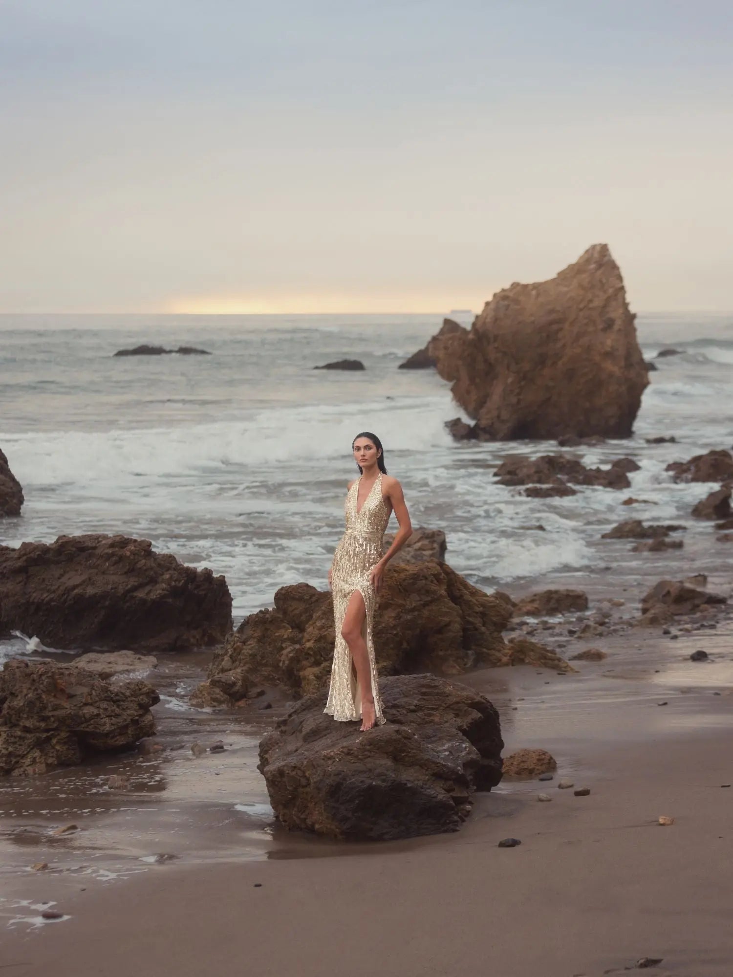 Gold Sequined Halter Strap Trumpet Gown