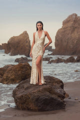 Gold Sequined Halter Strap Trumpet Gown