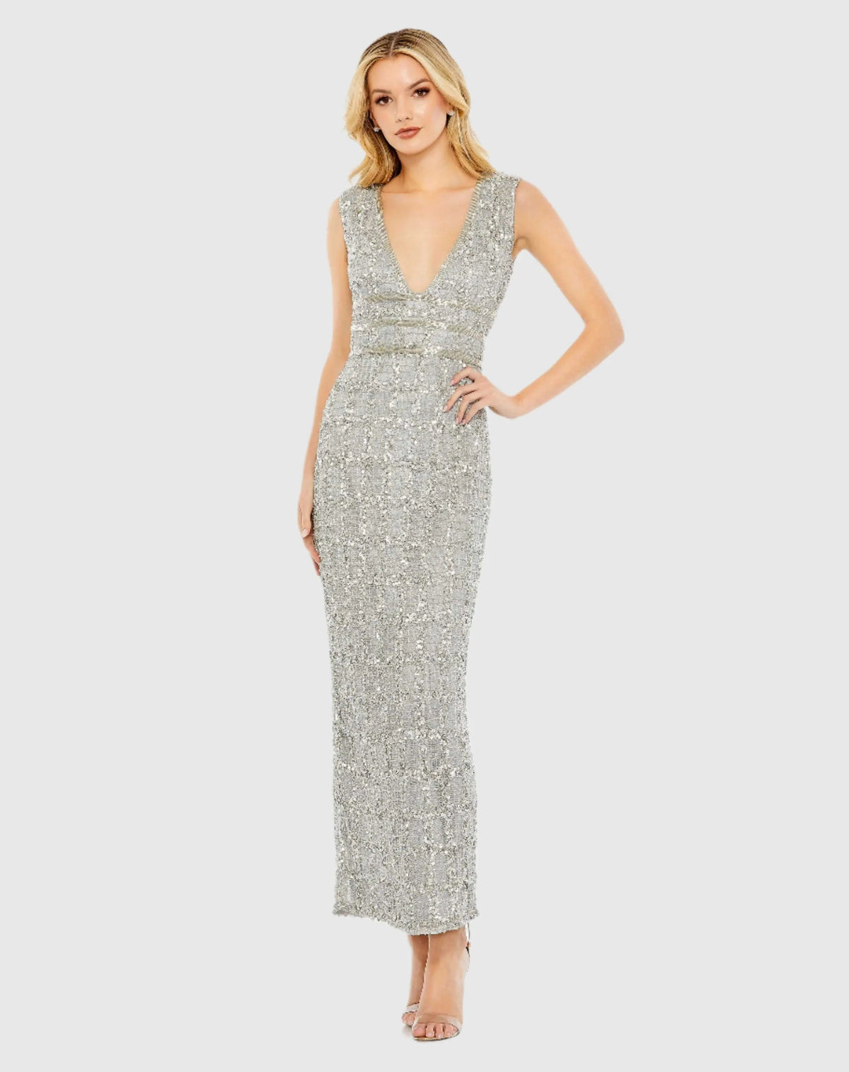 Silver Beaded Sleeveless Tea Length Sheath Dress