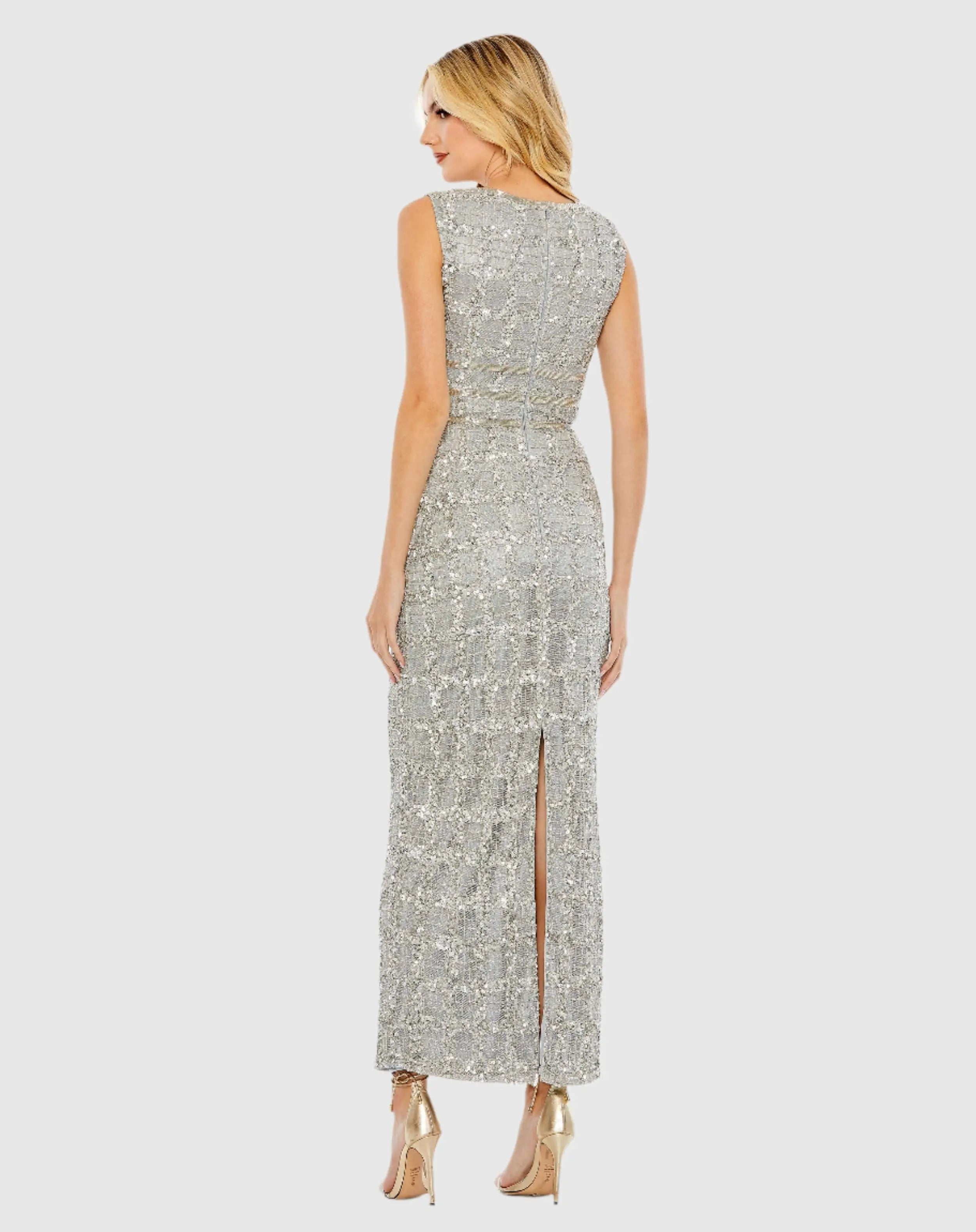 Silver Beaded Sleeveless Tea Length Sheath Dress