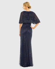 Navy High Neck Column Gown With Embellished Cape