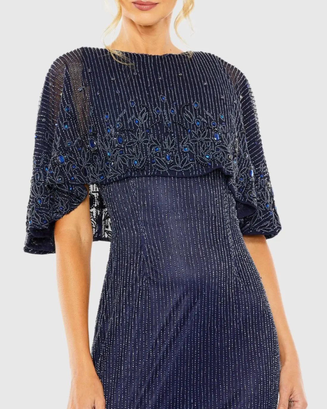 Navy High Neck Column Gown With Embellished Cape