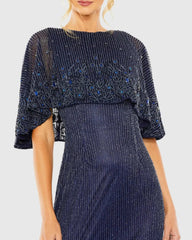 Navy High Neck Column Gown With Embellished Cape