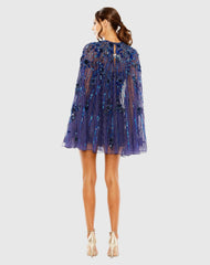 Blue High Neck Embellished Trapeze Dress