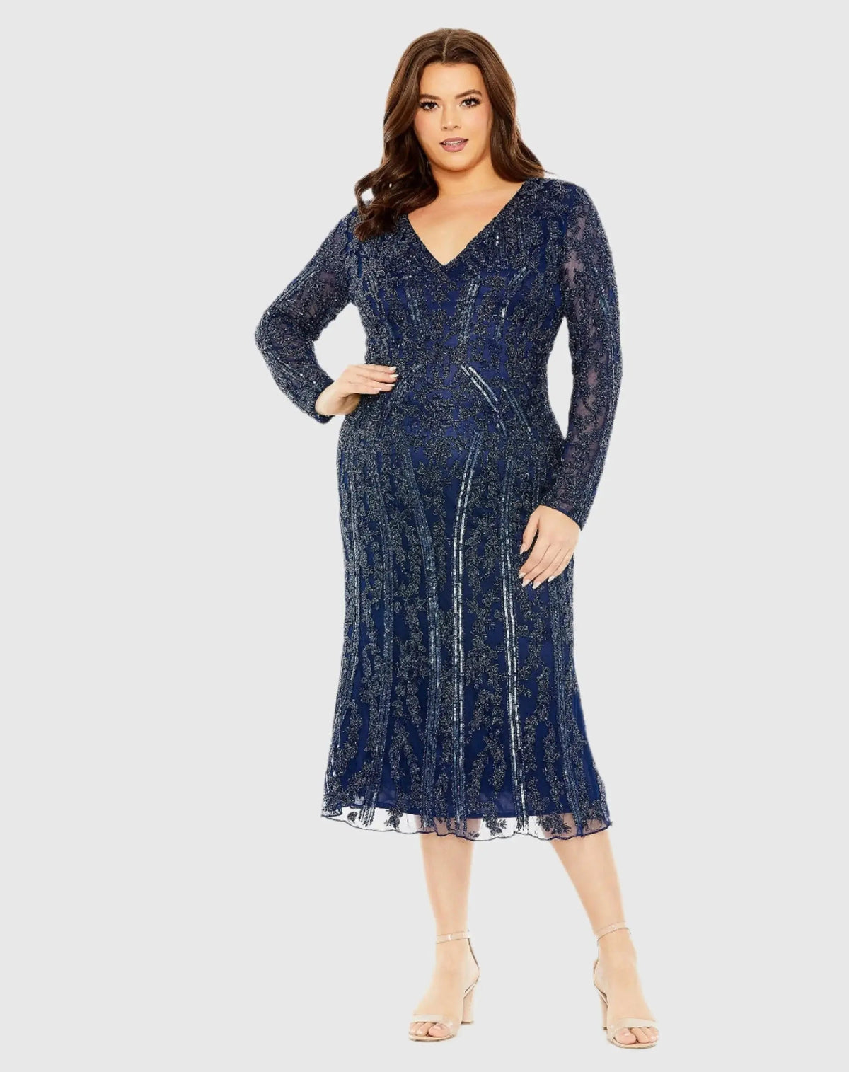 Navy Long Sleeve Embellished Dress (Plus)