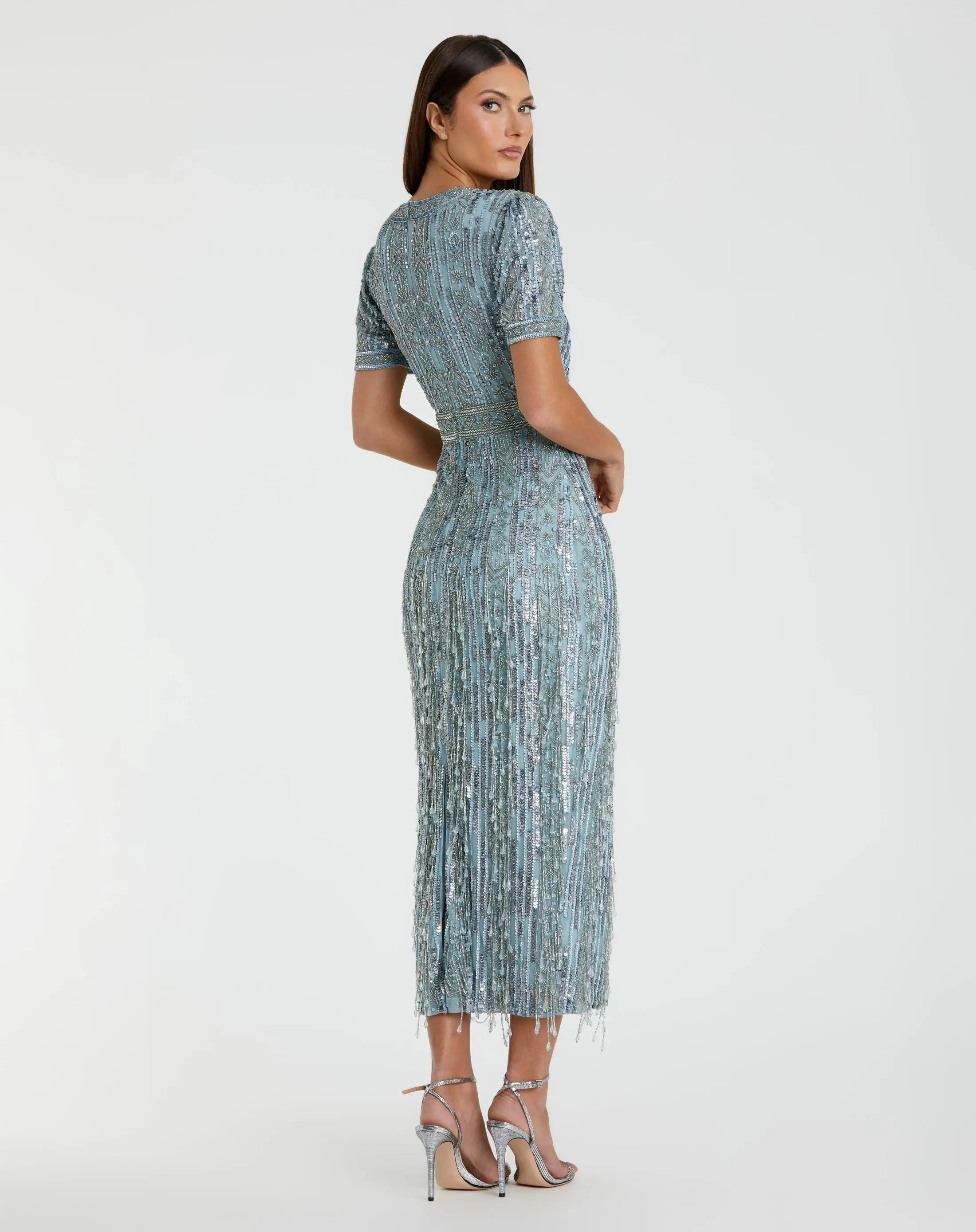 Blue High Neck Short Sleeve Crystal Fringe Sheath Dress
