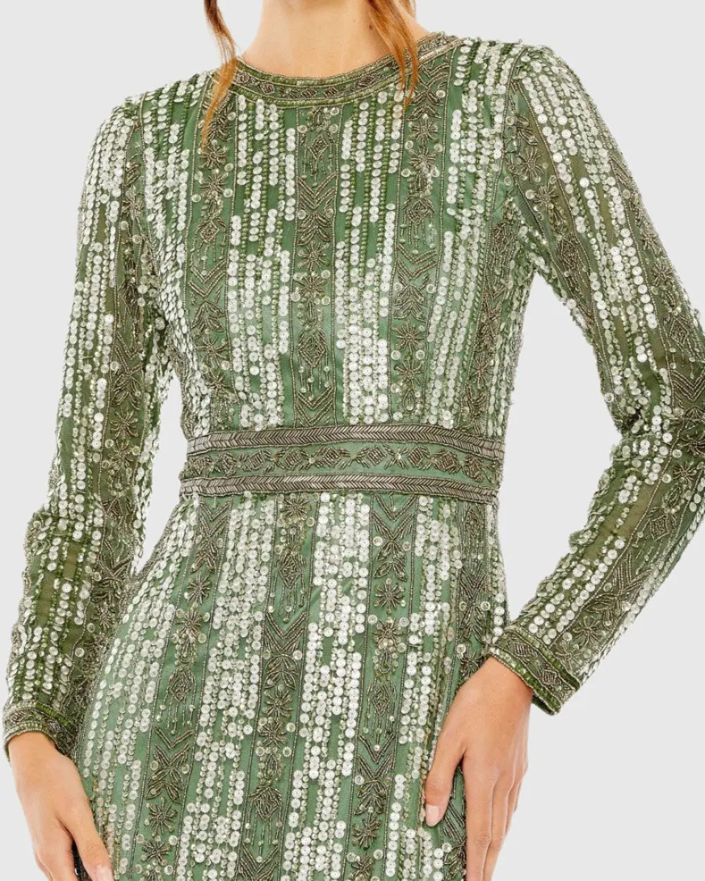 Green Long Sleeve Beaded Gown with Crystal Fringe