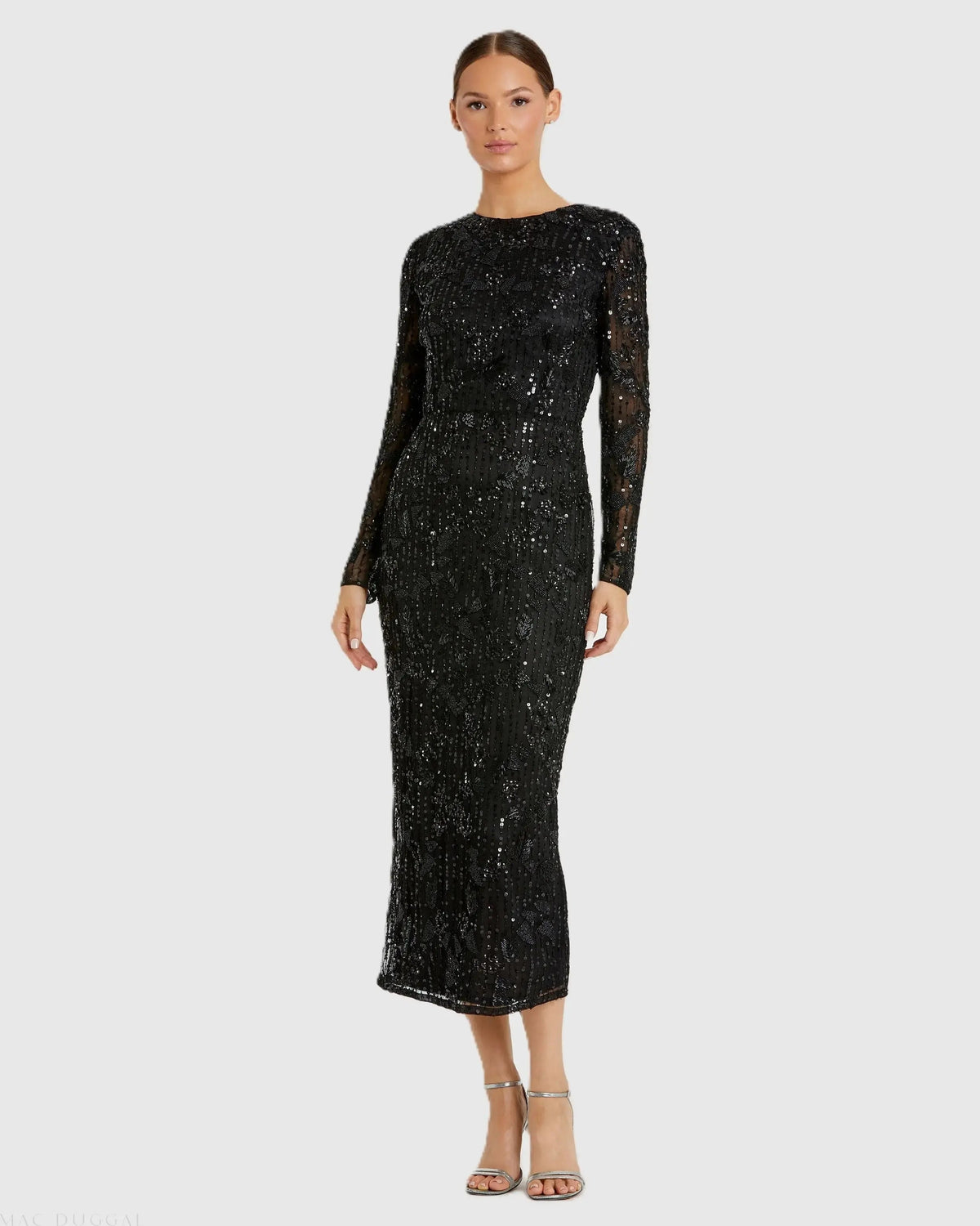 Black High Neck Long Sleeve Embellished Dress