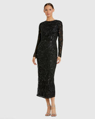 Black High Neck Long Sleeve Embellished Dress