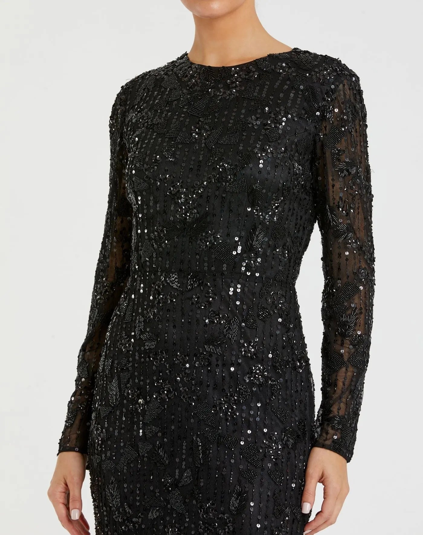 Black High Neck Long Sleeve Embellished Dress