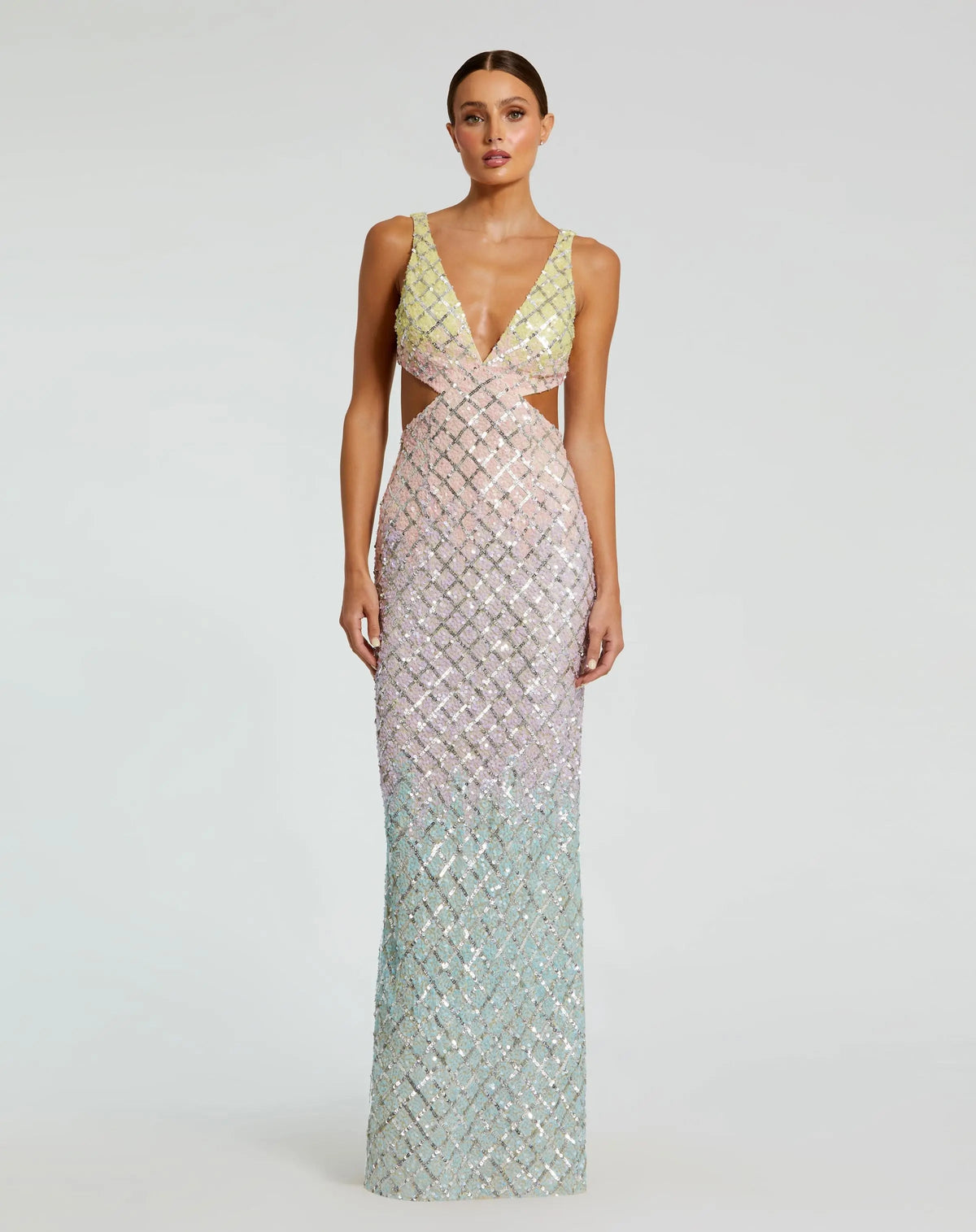 Multicolor V Neck Ombre Beaded Gown With Side Cut Outs