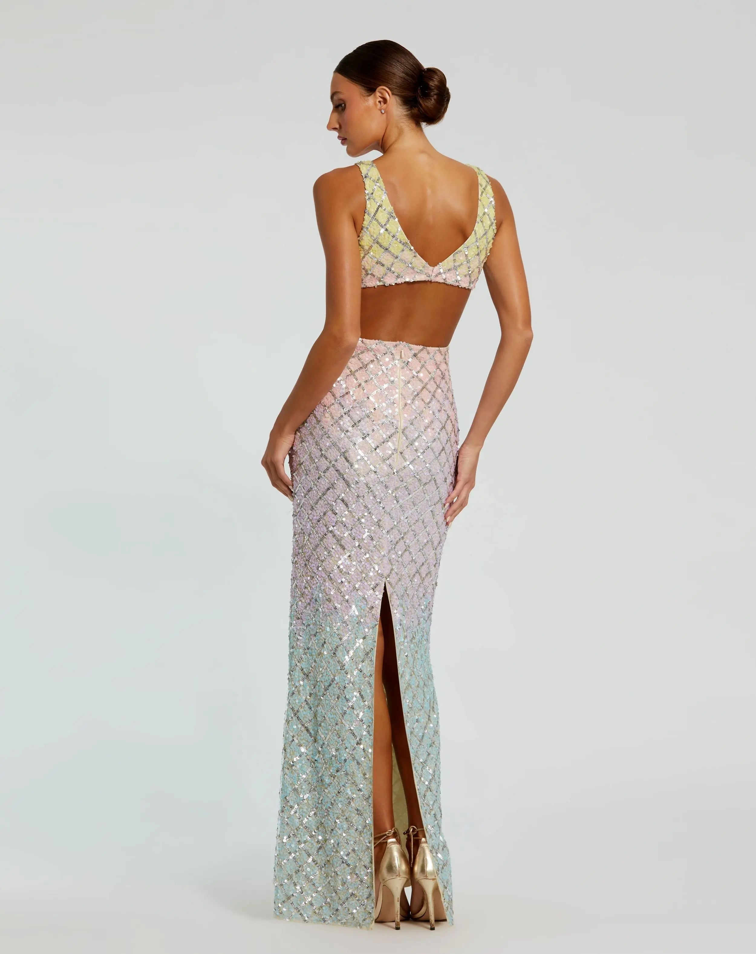 Multicolor V Neck Ombre Beaded Gown With Side Cut Outs