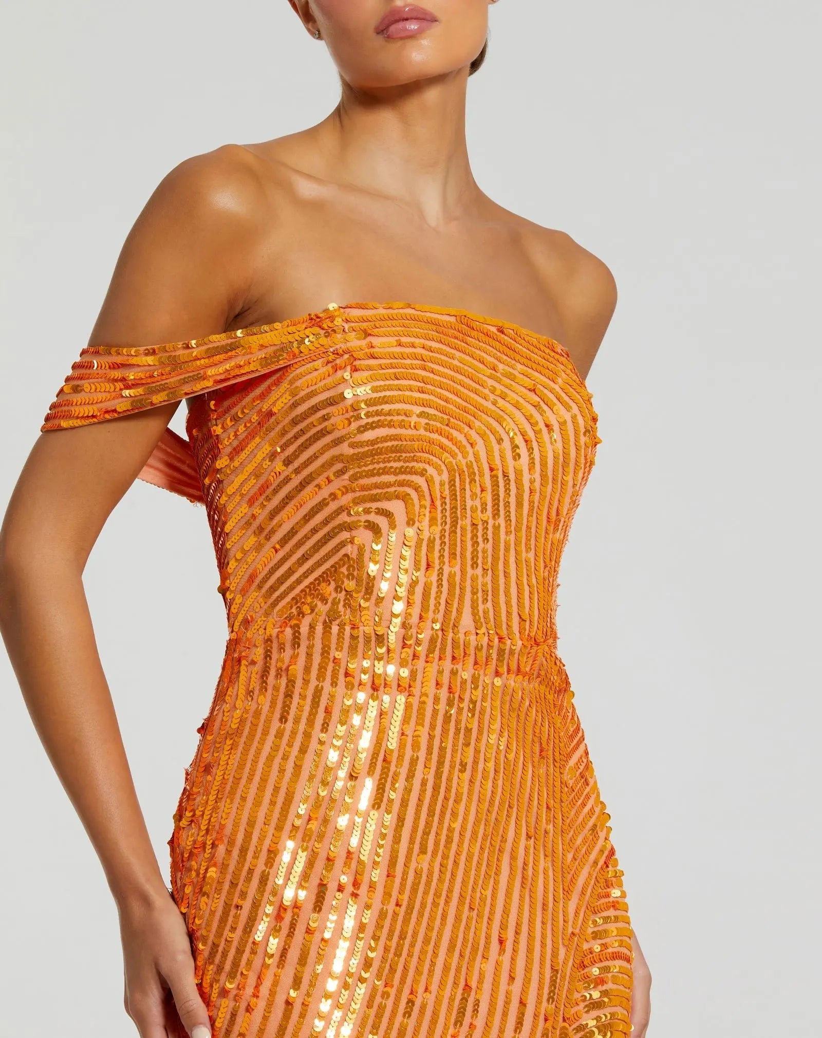 Orange One Shoulder Mesh Sequin Gown With Slit