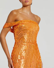 Orange One Shoulder Mesh Sequin Gown With Slit