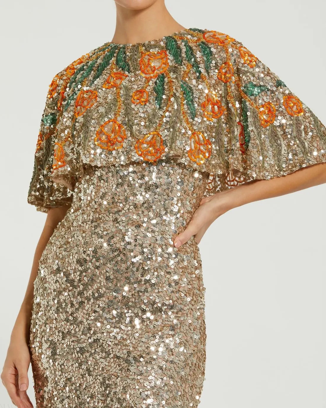 Gold Embellished Gown With Floral Beaded Shawl