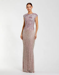 Purple Embellished Cap Sleeve Gown With Fringe Beading