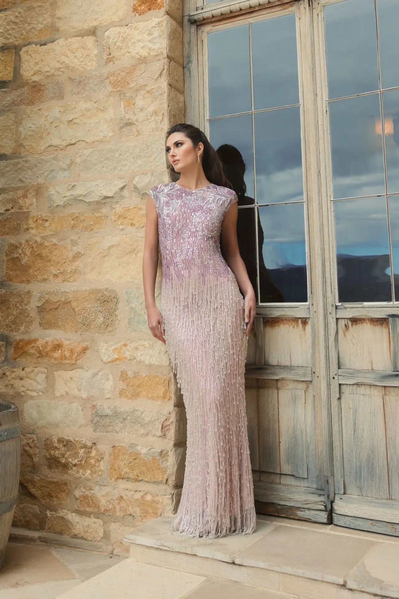 Purple Embellished Cap Sleeve Gown With Fringe Beading