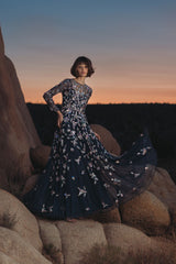 Navy Long Sleeve Floral Embellished Evening Gown