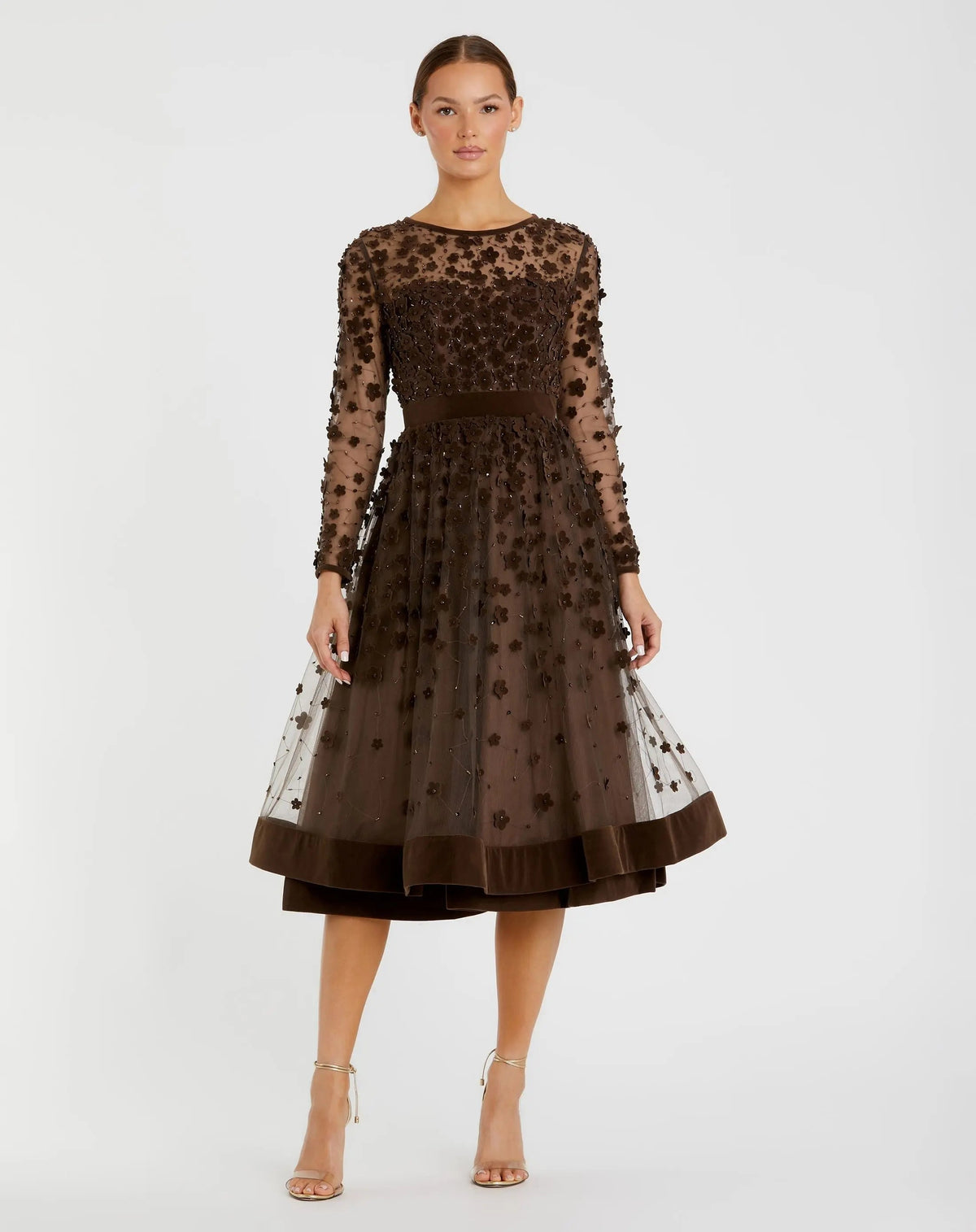 Brown Embellished Illusion High Neck Long Sleeve Fit & Flare Dress