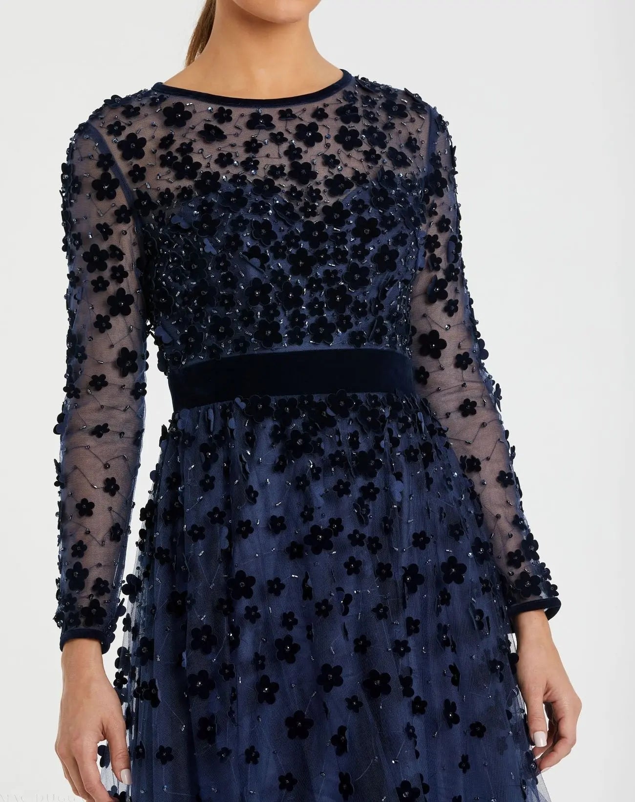 Navy Embellished Illusion High Neck Long Sleeve Fit & Flare Dress