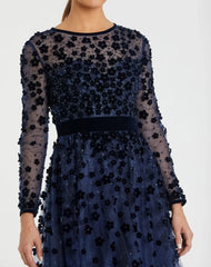 Navy Embellished Illusion High Neck Long Sleeve Fit & Flare Dress