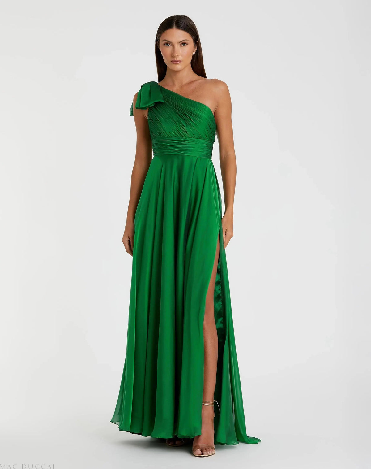 Green Pleated One Shoulder Chiffon Gown