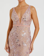 Pink Floral Embellished Sleeveless Plunge Neck Gown