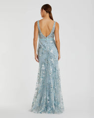 Blue Embellished Sleeveless Plunge Neck Gown