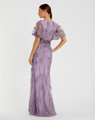 Purple Embellished Flutter Sleeve Evening Gown