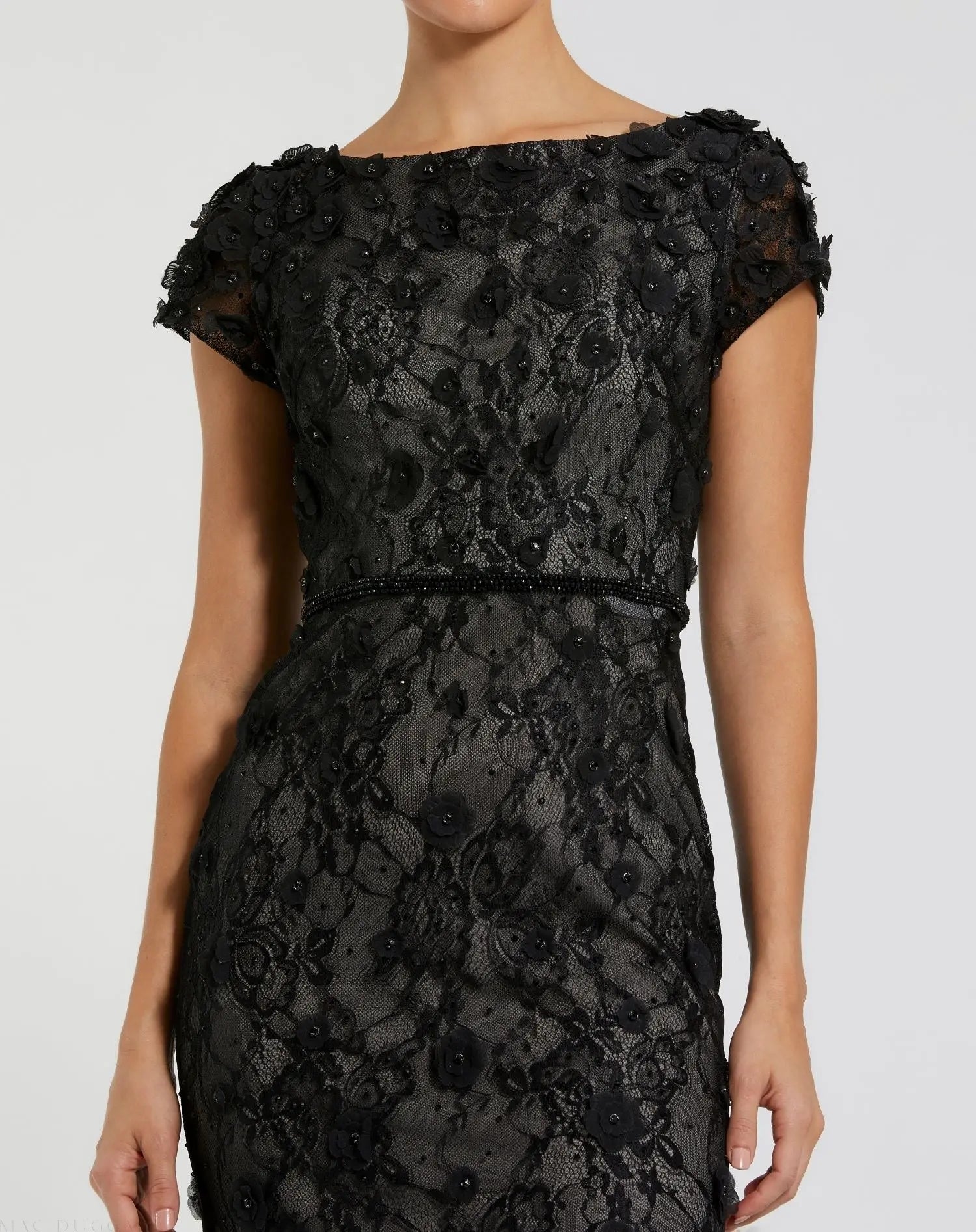 Black Floral Applique Boat Neck Cap Sleeve Gown