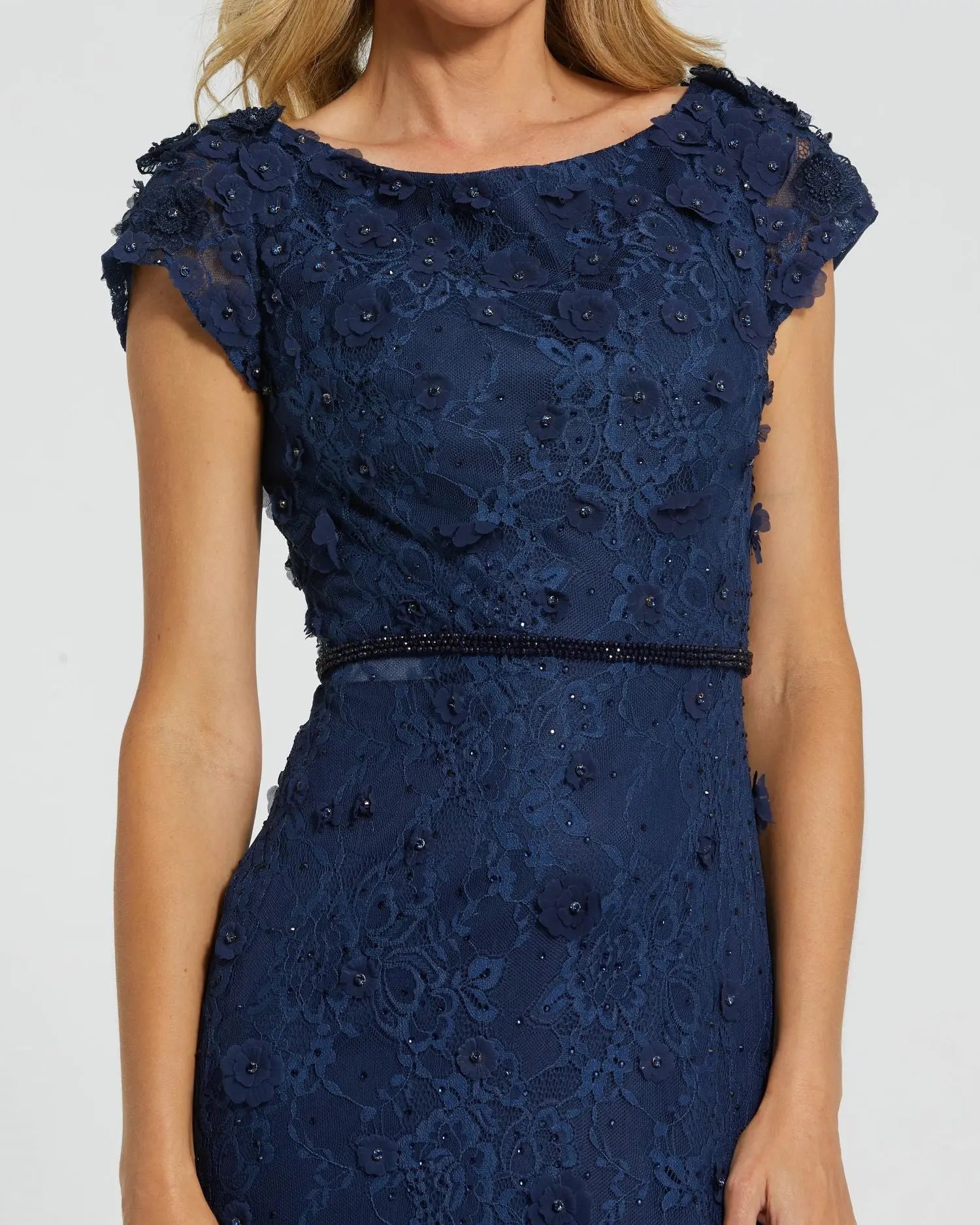 Navy Floral Applique Boat Neck Cap Sleeve Gown