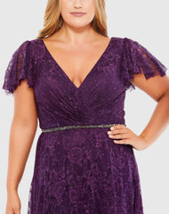 Purple Embellished Flutter Sleeve Evening Gown (Plus)